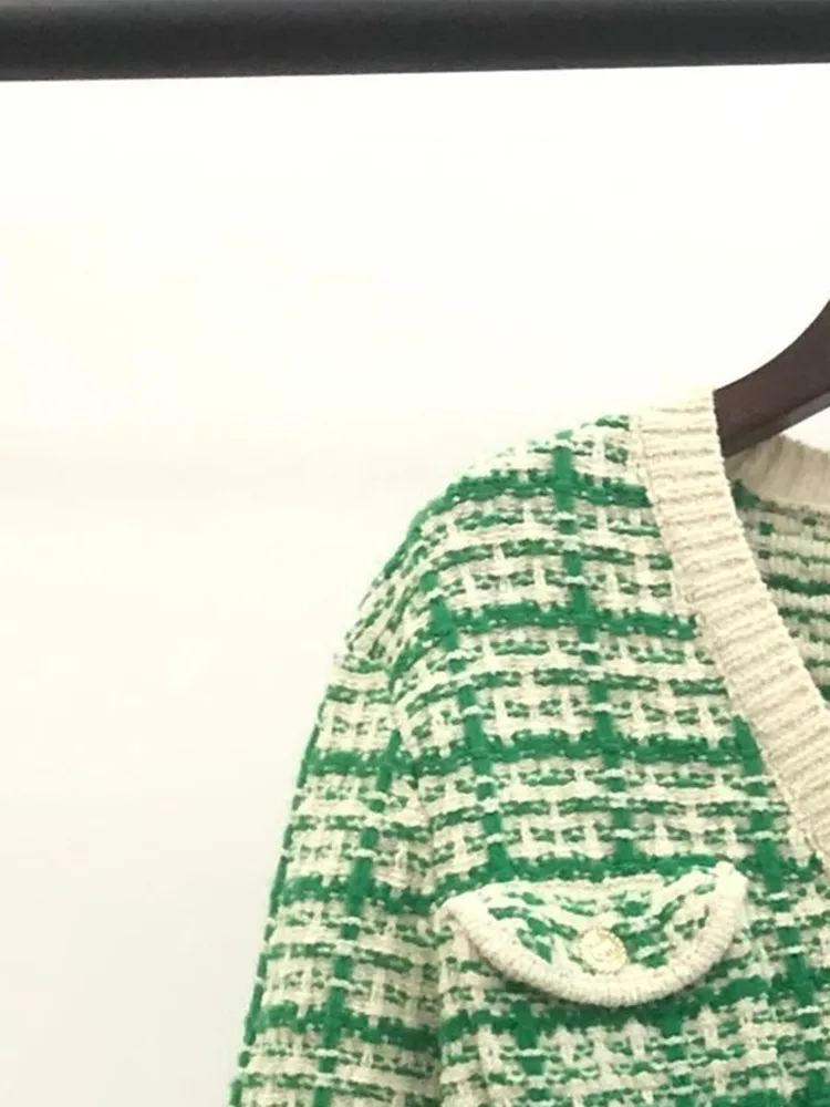 Women's Green Tweed Cardigan Coat Pocket Decoration Long Sleeve V Neck Single Breasted 2022 New Ladies Knit Sweater Jacket