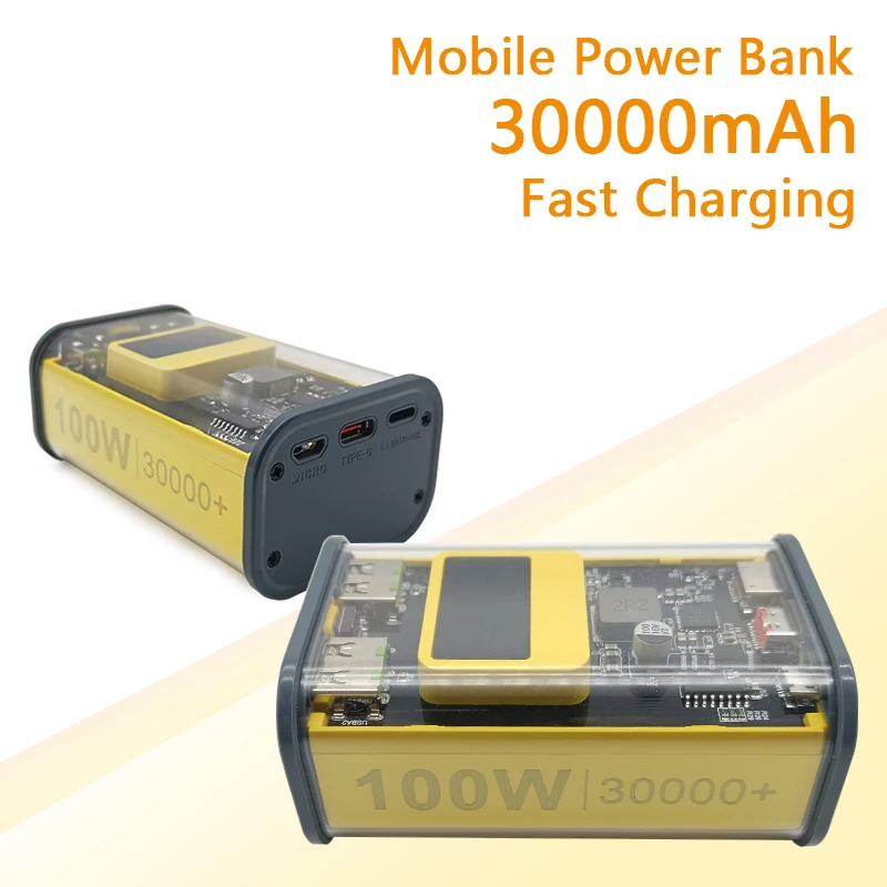 

30000mAh High Capacity Mini Power Bank 100W PD Super Fast Charging Stand Transparent Fashionable Power Bank With LED