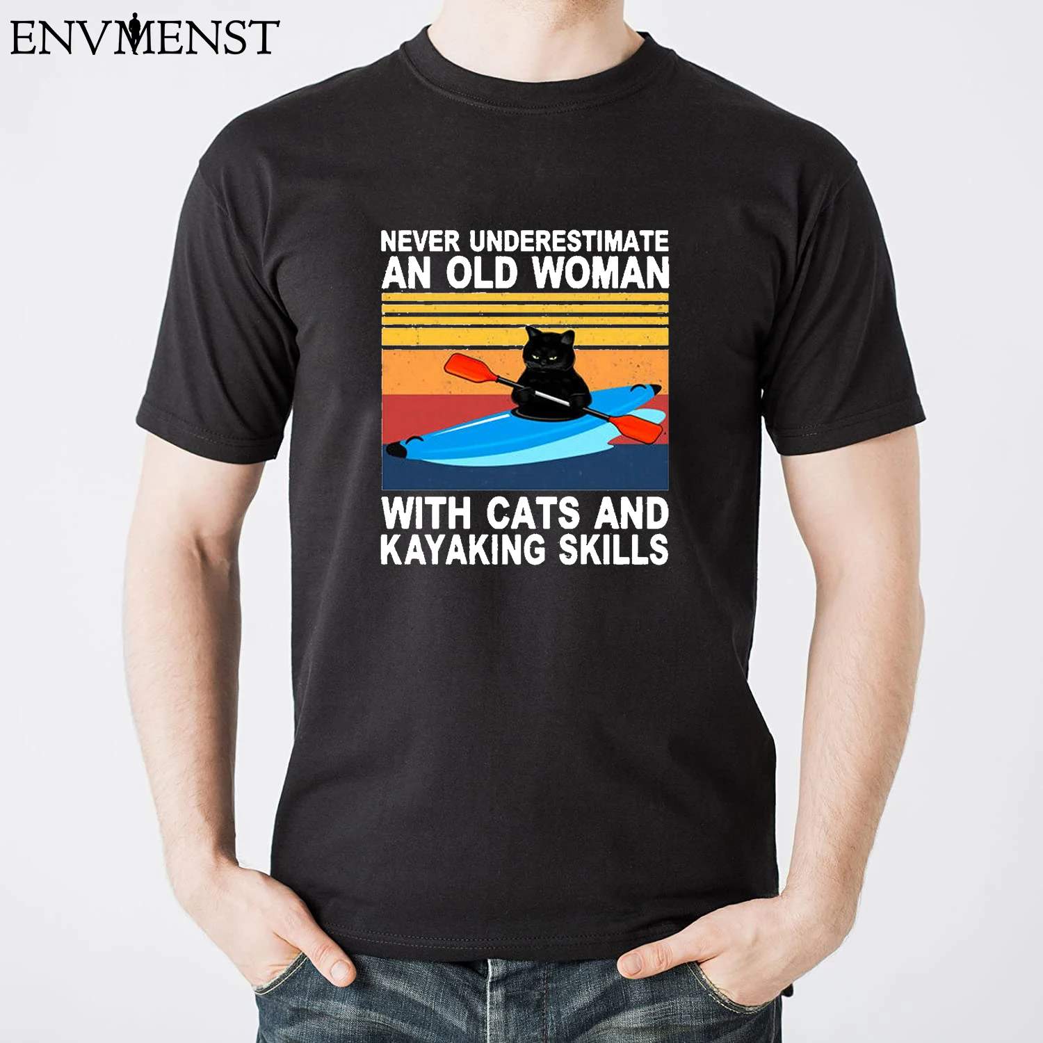 Ing Skills Retro Classic Mens T Shirt 2023 Clothes Tops 100% Cotton Funny Black Cat Kayaking Graphic T Shirt