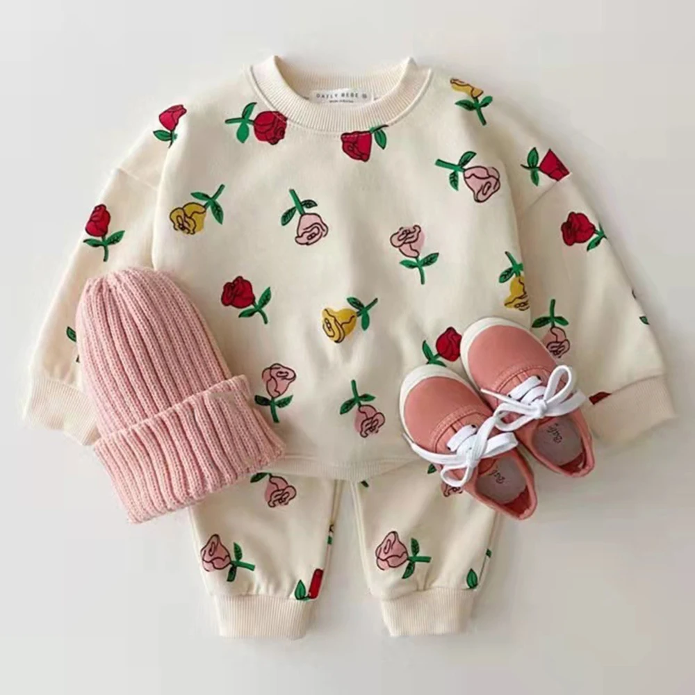 

Menoea/детская одежда новый осенне-весенний повседневный костюм с принтом розы для мальчиков и девочек, свитер спортивный костюм из 2 предмето...