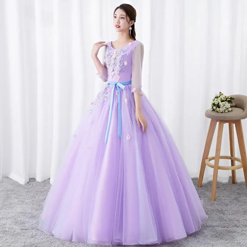 

Новые фиолетовые платья Quinceanera с глубоким вырезом, иллюзия, половина рукава, фатиновое бальное платье, Милая Аппликация, длинное платье для ...