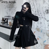 harajuku black spring streetwear 2 sets gothic vintage shirts short skirts tooling suit with female autumn dark women 2022 new