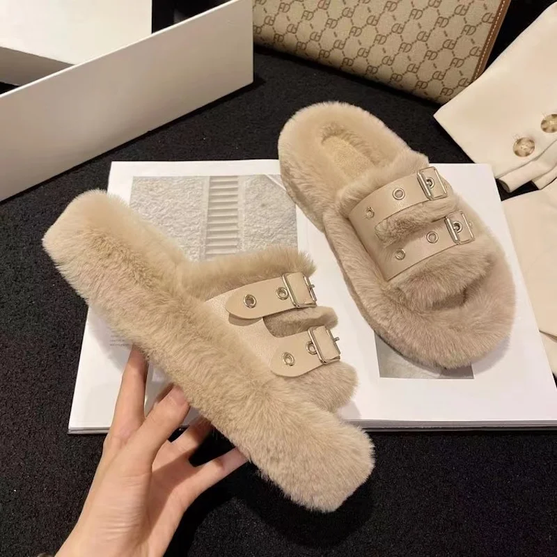 Winter Fur Slippers Autumn Gothic Belt Buckle Platform Slides Flat Heel Plush Warm Home Slippers Women Soft Rabbit Hair Slippers