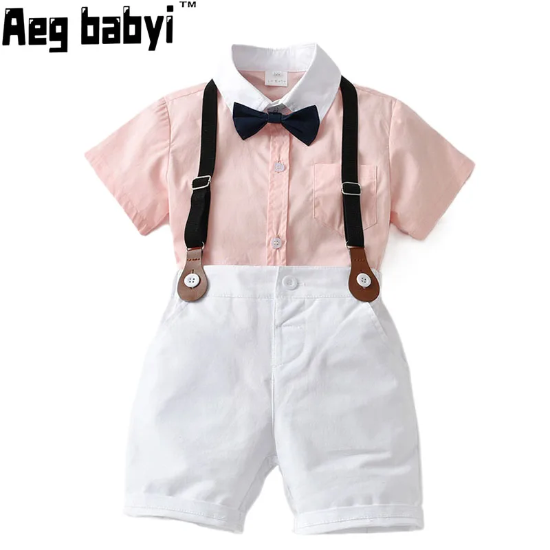 

Summer Baby Boys Clothing Sets Kids Boys Birthday Party Dress Formal Suit Bowtie Shirt +Suspender Shorts Gentleman Clothes Set