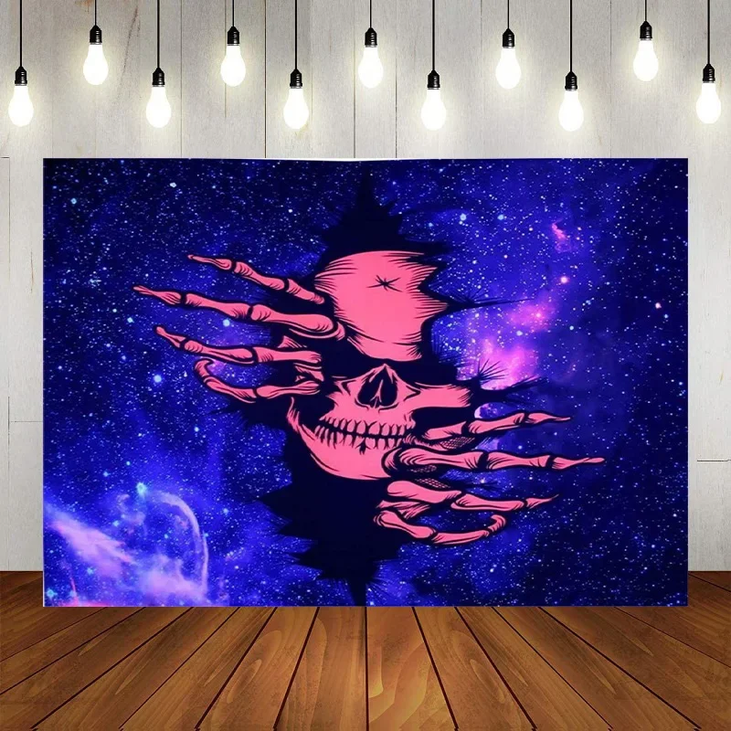 Skull Blacklight Tapestry UV Reactive Party Background Trippy Starry Sky Glow Dark Bedroom Photobooth Backdrop Decor Banner