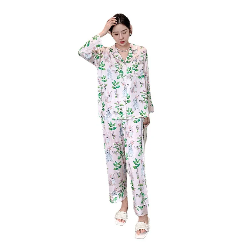 2023 Autumn Ice Silk Pajamas Women's Long-Sleeved Green Leaf Bunny Pajamas Suit High-Grade Internet Celebrity Homewear