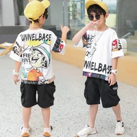 summer boys clothes sets boutique children outfits cotton print t shirt and denim shorts 2pc kids casual hip hop clothes suits
