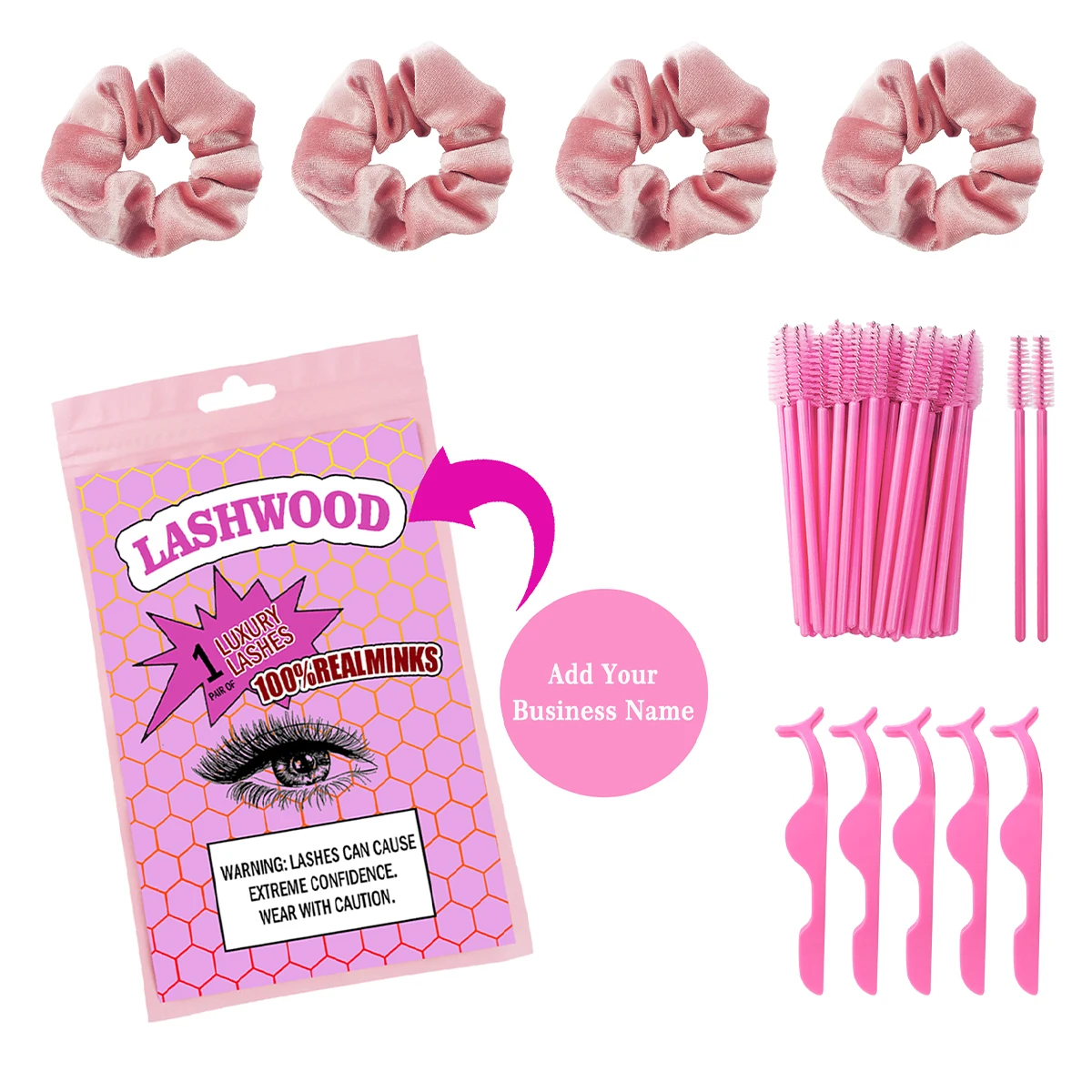 

Wholesale Custom Lash Bags, Eyelash Brush Tweezer Applicator Hairbands, Pink Holigraphic Lashes Packing Bag Custom Logo Bulk