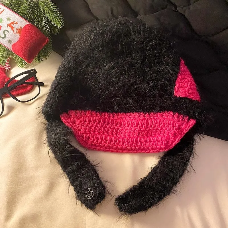 Корейская милая забавная цветная вязаная шерстяная шапка-бомбер женская