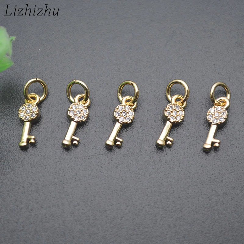 

Jewelry Making Supplies Anti Fading 18K Gold Plated CZ Pave Small Cute Round Key Charms for Diy Woman Bracelet 20pc