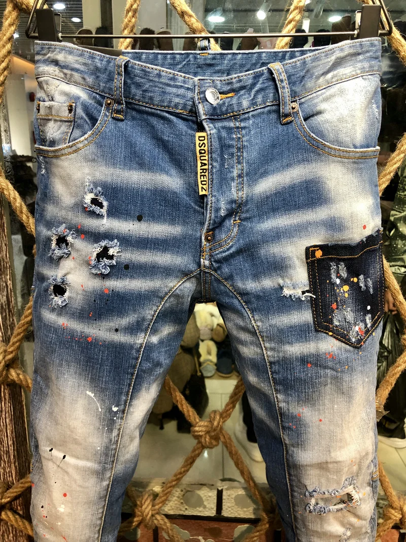 New Men's Dsquared2 Buttons Jeans Ripped For Male Skinny  Pants Men's Denim Trousers Top Quality Slim Jeans A226