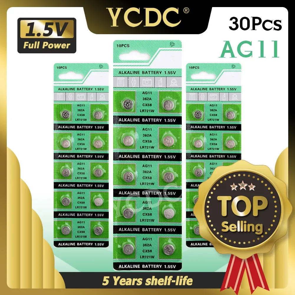 

30PCS Alkaline Battery AG11 1.55V LR721 362 SR721 162 Button Coin Cell Watch Toys Batteries Control Remote Drop Shipping