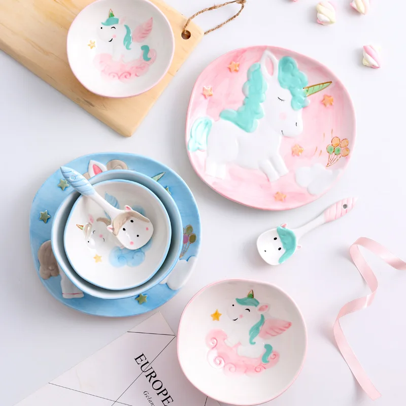 

Ceative Unicorn Cartoon Tableware Set Plate Bowls Spoon Set Cute Plate and bowls for Children's Gift Boys' and Girls' Present