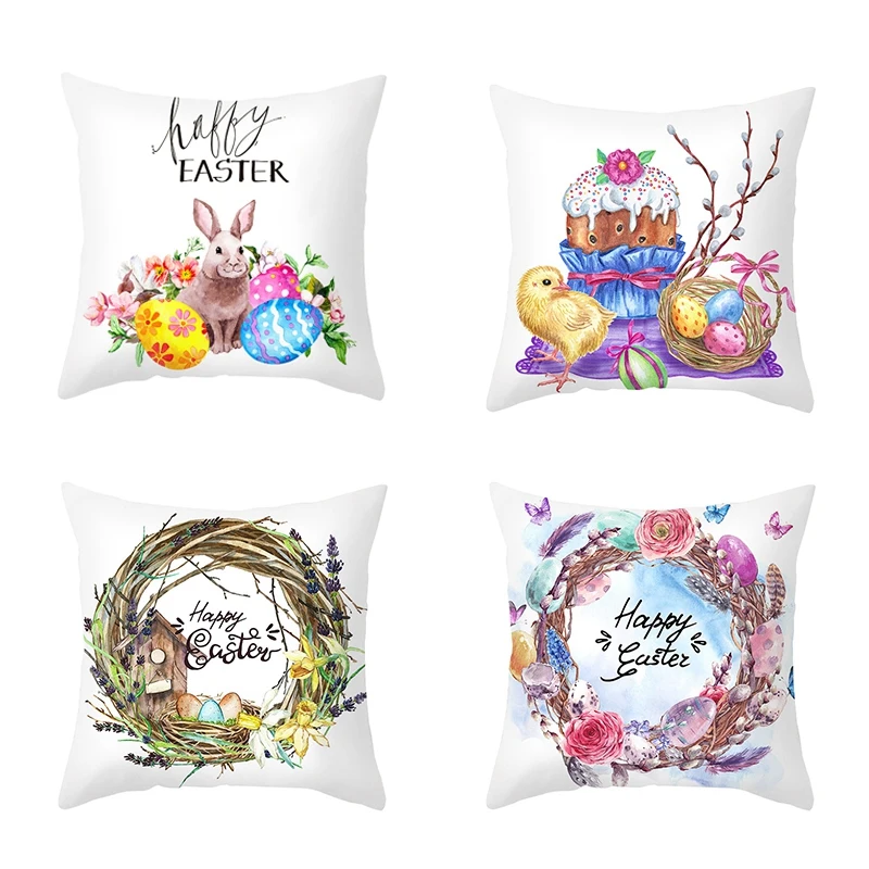 

4Pcs Cushion Cover Happy Easter Eggs Rabbit Pillow Case Sofa Pillowcases Easter Home Decorations 45X45cm