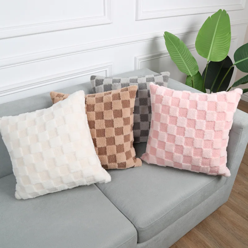 

Plush Pillow Plaid Modern Minimalist Model Room Home Decoration Cushion Cover Square Plaid