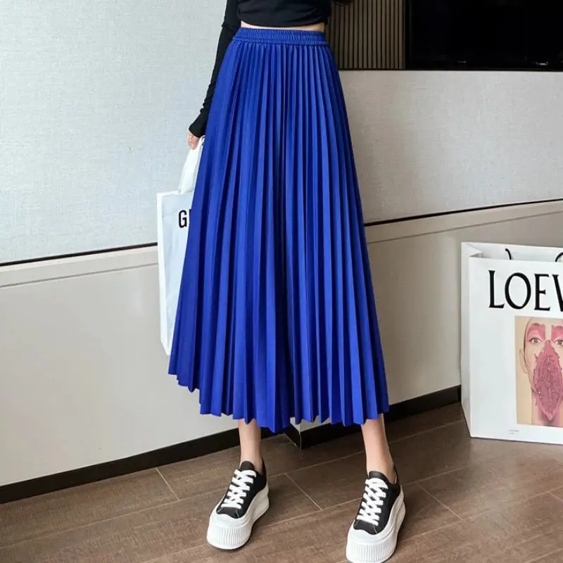 

Women 2022 Summer Fashion High-Waisted Pleated Skirts Female Casual A-line Midi Skirt Office Lady Solid Color Elegant Skirts B58