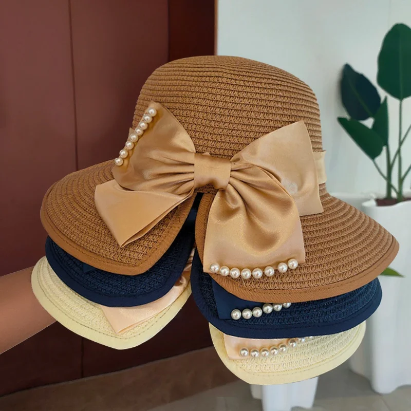 Шляпа женская Соломенная с бантом и жемчугом, складная Панама от солнца, с широкими полями, с защитой от ультрафиолета, для путешествий и пля...