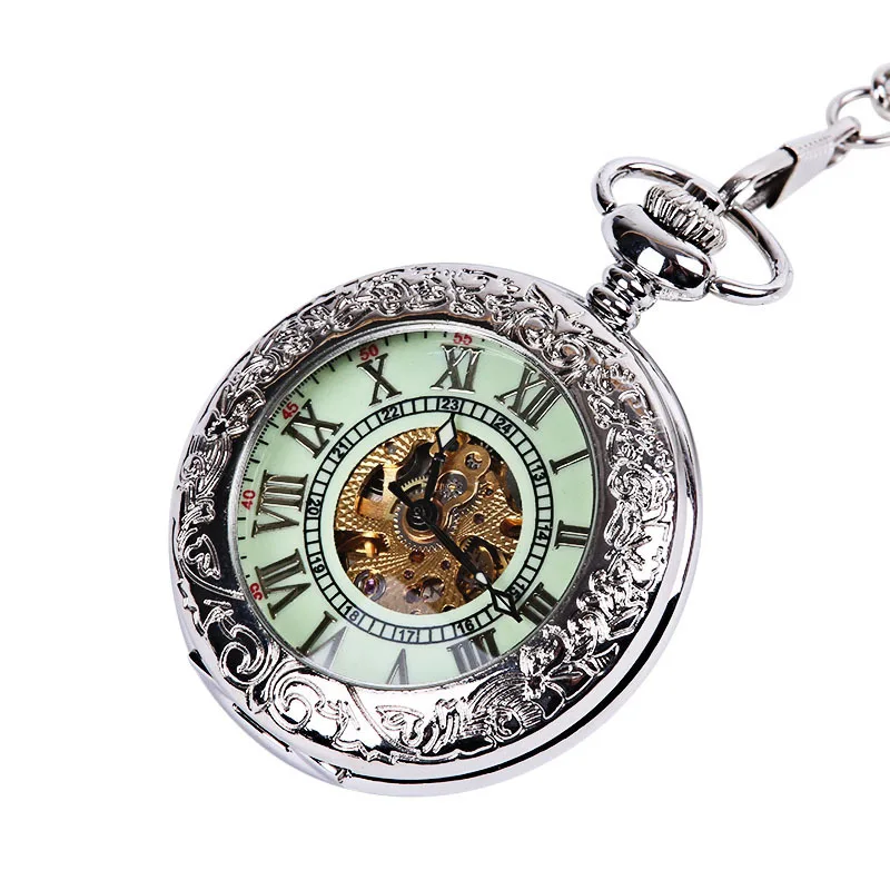 Luxury Black Mechanical Pocket Watch for Men Women Transparent Case Roman Numeral Dial Fob Chain Pendant Clock for Collection