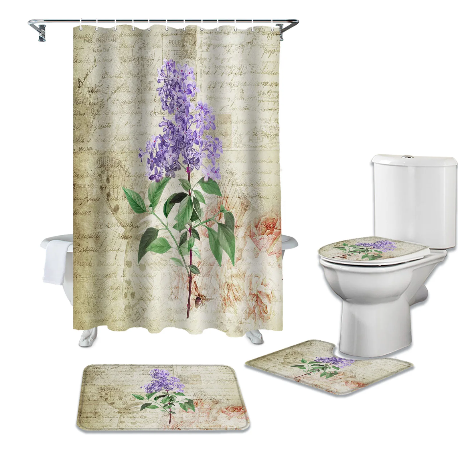 

Винтажные растения, лаванда, фиолетовый цветок, занавеска для ванной комнаты, набор ковриков для ванной, крышка для туалета, напольные коври...