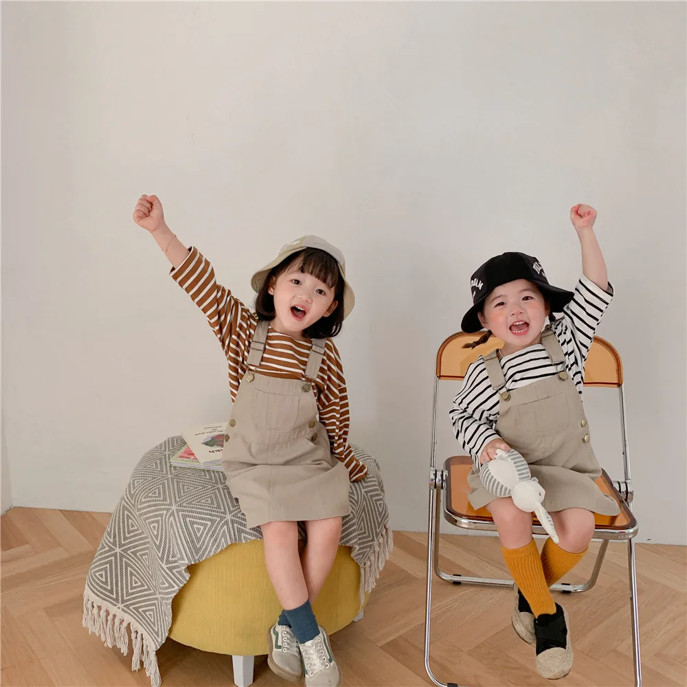 

2022 Baby Girl Suspenders Dress Girls Long Sleeve Cotton Shirt Top And Vest Dresses Two Piece Sets Korean Children Kids Clothing