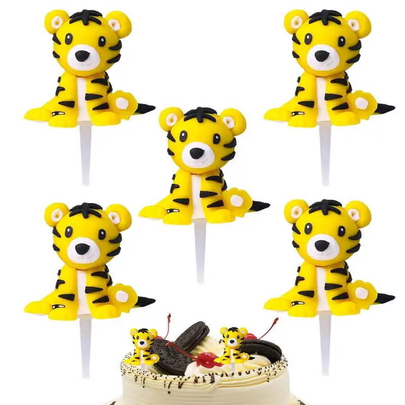 

Jungle Animal Cake Toppers Panda Dinosaur Lion Tiger Cake Topper 5Pcs Woodland Cake Decorations First Birthday For Infant