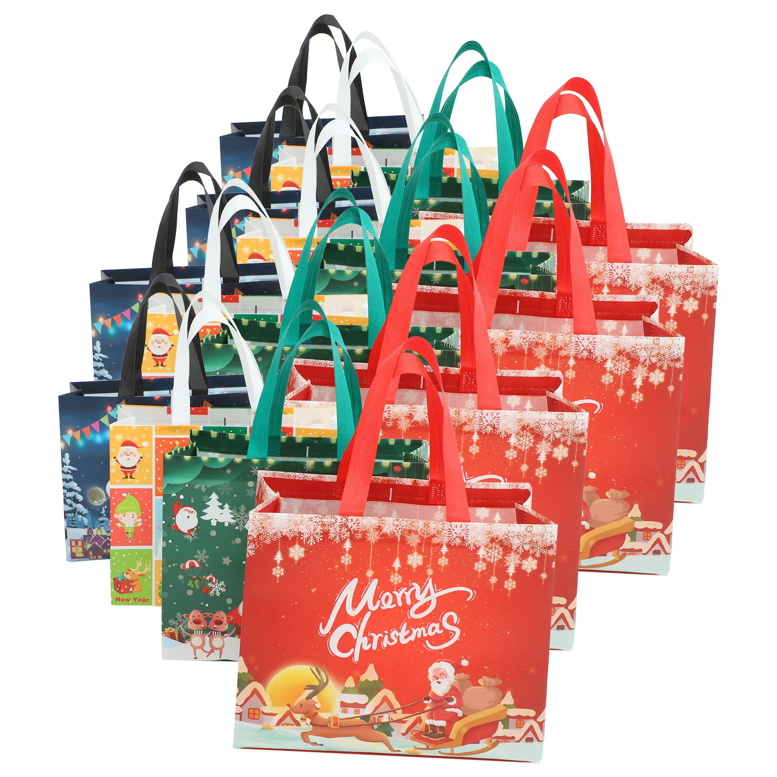 

16 Pcs Xmas Party Favors Gift Bags Christmas Themed Tote Non Woven Packing Handbag Reusable Grocery Shopping