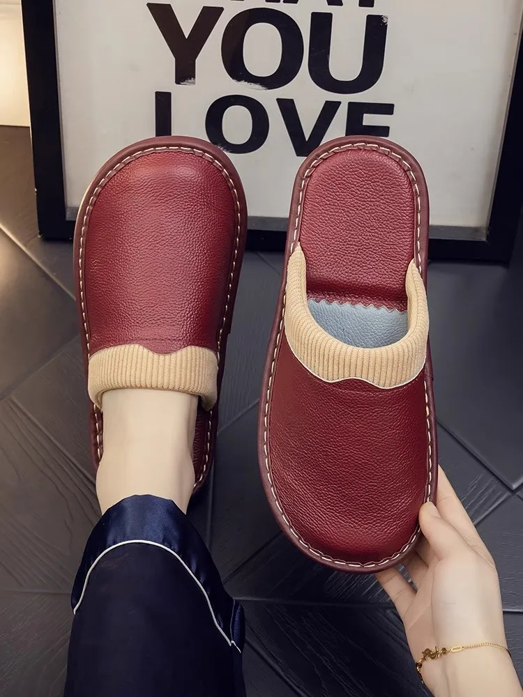 Домашние утолщенные тапочки на мягкой подошве из воловьей кожи