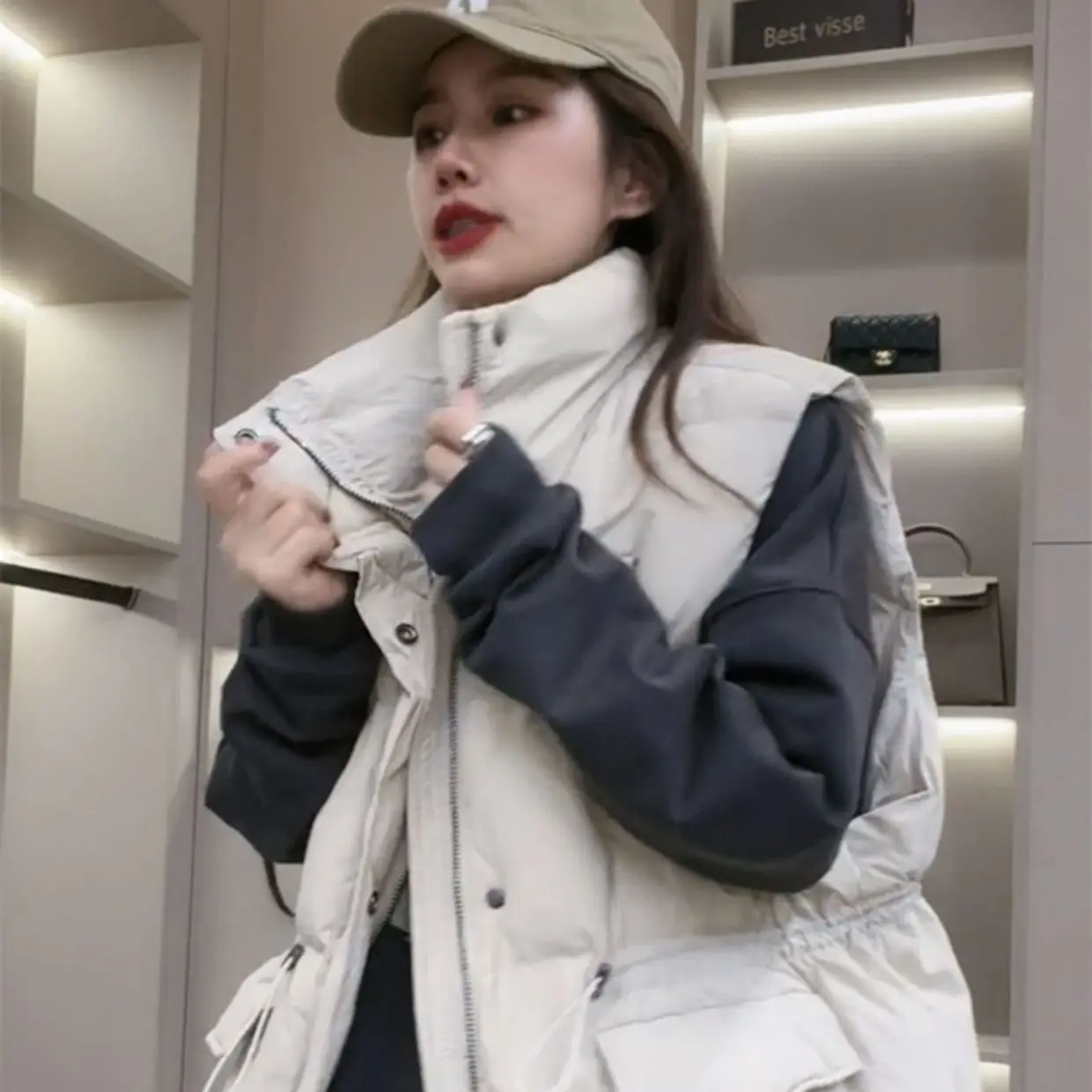 Женская Длинная зимняя куртка однотонный пуховик теплое пальто без рукавов