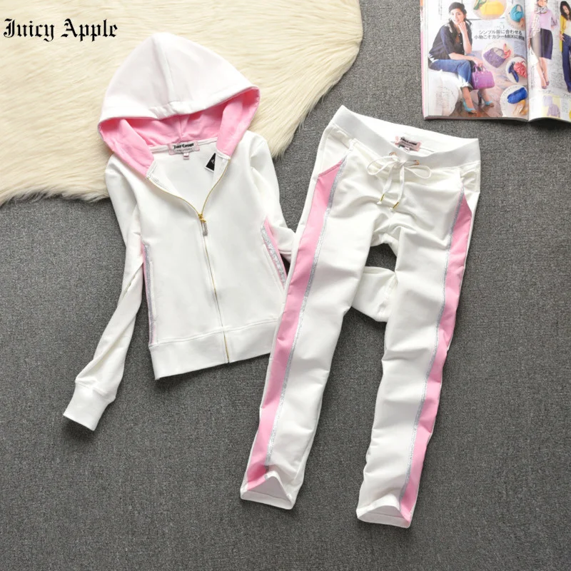 Juicy Apple Tracksuit Womens Two Piece Set Loose Hooded Sweater Fashion Splicing Casual Sexy Running Sports Suit Female Clothing