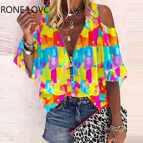 Women Causal Allover Print Off Shoulder O-ring Zipper Decoration Neck Women Sexy Blouse Tops