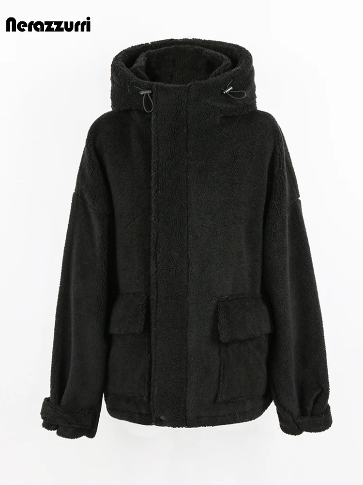 Nerazzurri Winter Oversized Black Warm Faux Fur Coat Women with Hood Long Sleeve Zip Up Fluffy Jacket Unisex Clothes Men 2022