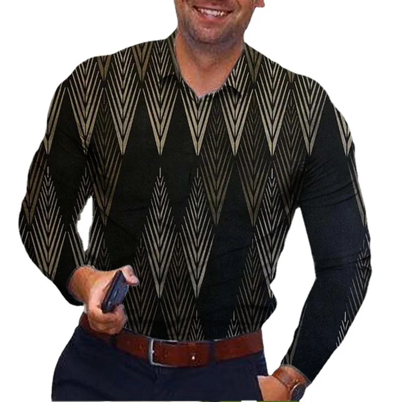 New Men's Printed Lapel Long Sleeve Shirt