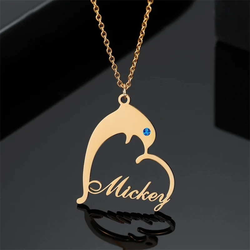 

Ожерелье с именем дельфина на заказ с сердцем, персонализированная табличка с именем, цепь из нержавеющей стали, брикет, подарок для женщин