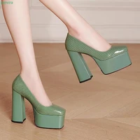 green slip on platform pumps summer womens new arrival solid chunky heel round toe fashion sexy simple good quality shoes