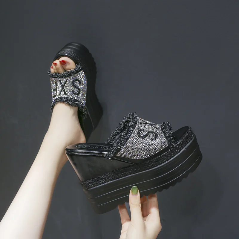 Summer Women Slipper 6cm Platform Non-slip Super High (8cm-up) Solid Wedges 13cm High Heels Ladies Slides Outside Female Shoes