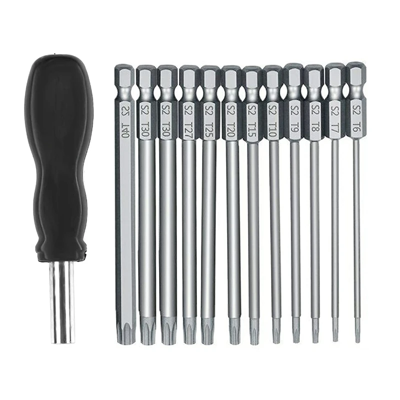 

13Pcs 100Mm Torx Long Screwdriver Bits Set, Magnetic Torx Bit Set T6-T40, 1/4 Inch Hex Shank Electric Screwdriver Tools Retail