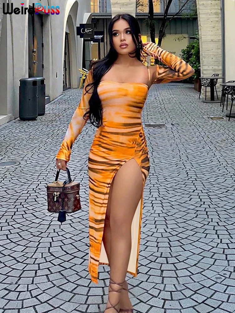 

Weird Puss Colorful Print Women 2Piece Set Side Split Strap Dress+Full Sleeve Outer Layer Rave Clubwear Party Matching Outfits