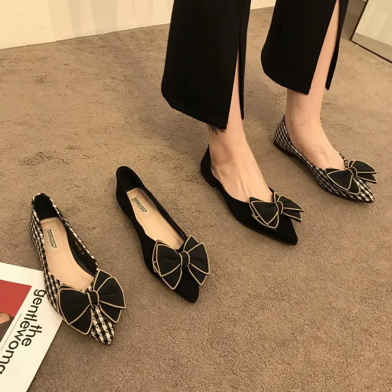 

Spring Bow Flats Shoes Woman Butterfly-Knot Ballets OL Office Shoes Pointed Toe Shallow Slip On Foldable Ballerina Plus Size31-4