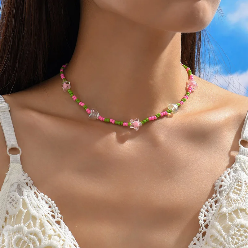 

Bohemian Creative Handmade Colorful Heart Beads Choker Necklace for Women Y2k Trend Star Neck Jewelry Party Accessories Gift