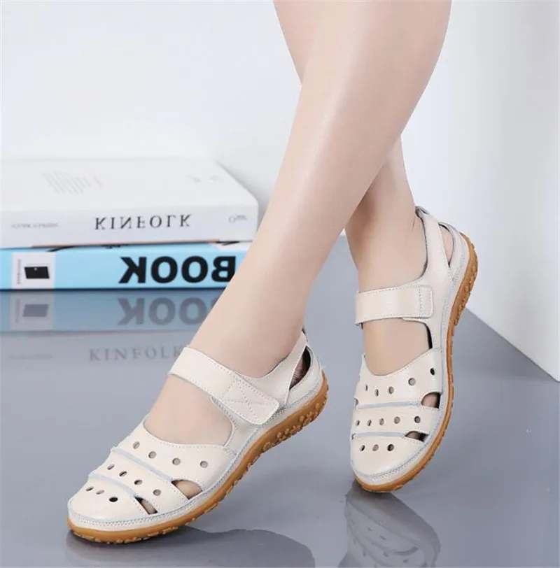 Women Sandals Genuine Leather Hollow Out Shoes Summer Cool Beach Sandals Flats Loafers Elegant Wedges Shoes Heeled Sandals