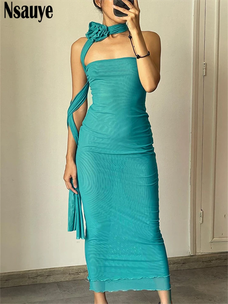 

Nsauye элегантное женское Сетчатое прозрачное вечернее платье средней длины без рукавов Женская одежда летнее пляжное модное платье Y2K 2023