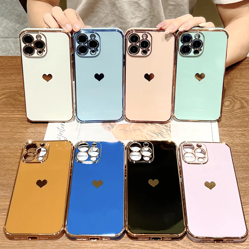Plating Love Heart Case For iPhone 13 11 12 Pro Max XS XR X 7 8 Plus iPhone13 iPhone11 iPhone12 Soft Shell Full Cover Women Girl