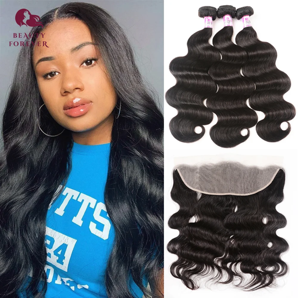 

Beauty Forever Brazilian Body wave Hair Bundles With Lace Frontal 100% Virgin Human Hair Lace Frontal Pre plucked With Baby Hair