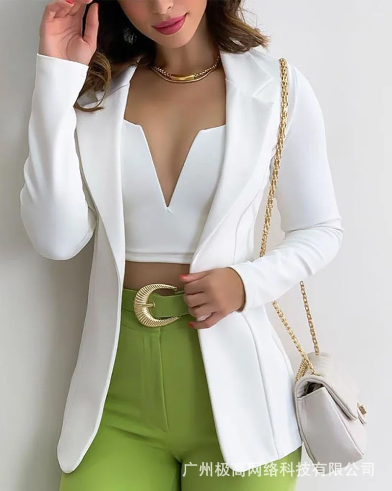 

Long Sleeve Lapel Collar Blazer With V-Cut Crop Cami Top Women Full Sleeve Solid Color Fashion Casual