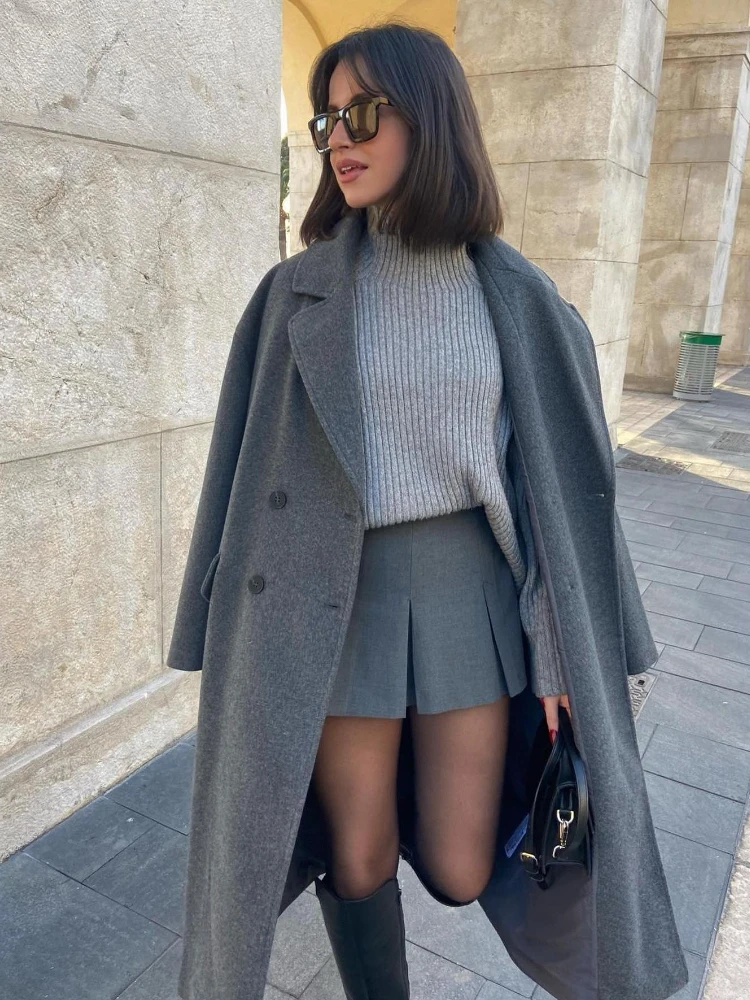 Women Double Breasted Woolen Coat  Lapel Collar Long Sleeves Solid Long Wool Coat Winte Fashion Warm Loose Woolen Overcoat