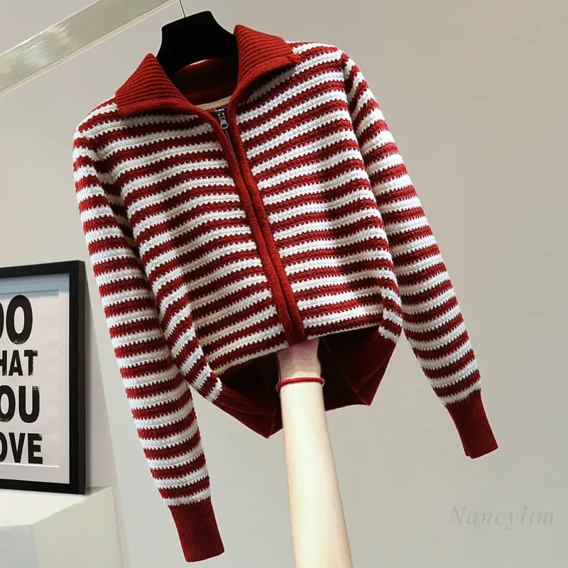 

Vintage Stripe Lapel Long Sleeve Cardigan for Women 2023 Spring Winter Korean Style Slimming Zipper Casual All-Match Sweater