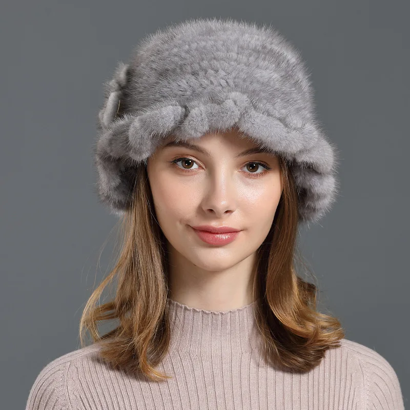 

Real Mink Fur Hats Women's Winter Warm Woven Ear Brim Basin Top Hat Genuine Natural Fur Fedoras New Russian Caps 2022 New