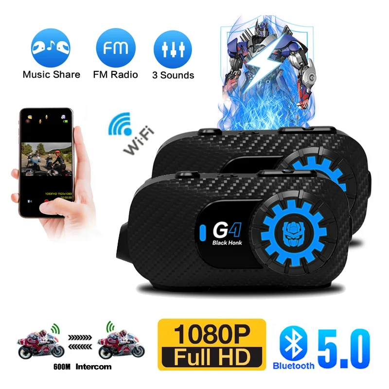 

G4 Bluetooth Motorcycle Intercom Helmet Headset 600M Group Speaker Headphone WiFi App Motorbike Dash Cam Moto Auto 1080P HD Dvr