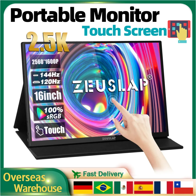 ZEUSLAP 16 &quot2.5K 144 Гц портативный монитор с сенсорным экраном 2560*1600 RGB 500Cd/m2 дорожный