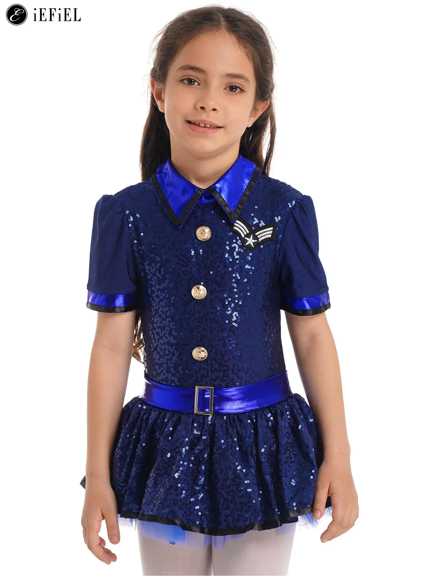 Kids Girls Shiny Sequins Police Officer Costume Policewoman Halloween Party Carnival Cop Pretend Play Fancy Dress Up